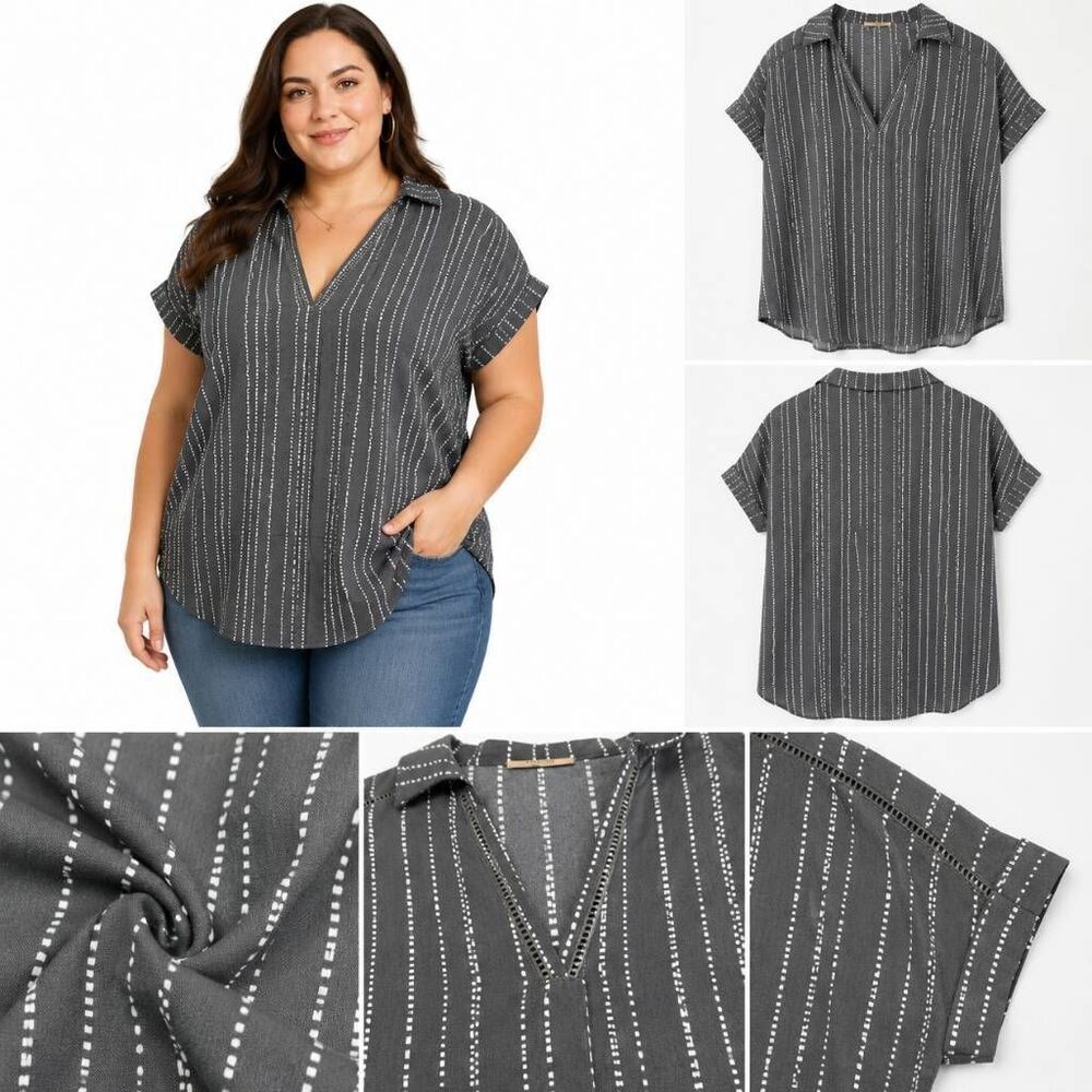 Timeson Gray Dot Stripe V Neck Blouse Womens Large